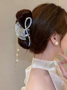 1个闪亮复古优雅锌合金流苏发爪夹，扇形复古发饰，适用于发髻，花朵造型发爪夹，适合所有季节的时尚发饰花朵发夹 - 彩色 - 查看 2