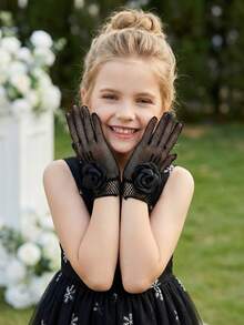 1 双儿童黑白花卉图案弹力网眼手套，适合 4-12 岁儿童 - 1Pair - 查看 7