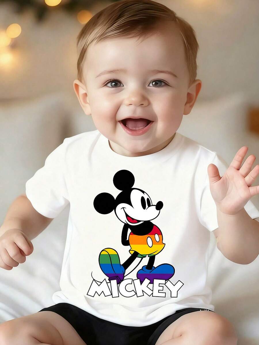 Disney White Background Mickey Mouse Rainbow-Colored Shorts And Shoes MICKEY Letter Print Baby Short Sleeve T-Shirt - Inclusive And Playful Casual Top - White - View 1