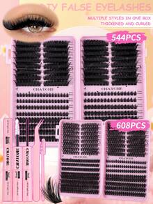 544/608 Mixed Density False Eyelash Clusters, Density Ranging From 10D To 100D, Various Mixed Styles For DIY, D-Curl Curling, Single Lash Length 10-18mm, Ultra-Lightweight & Durable 3D Dense Segmented False Eyelash Clusters, Fluffy Lash Extension, DIY Segmented Lash Tool Kit Includes Tweezers, Lash Glue And Lash Brush. 2026 Special Edition, Create Natural Makeup - Multicolor - View 1