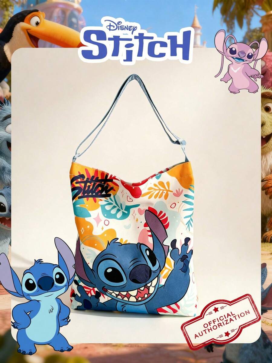 Disney 1 Pc Officially Licensed Stitch Pattern Tote Bag Cartoon Print Casual Shopping Bag,Adjustable Shoulder Strap Shoulder Bag,Lightweight Handbag,Ideal For Women/Girls/Students - Perfect For Fall/Winter/Outings/Shopping - Multicolor - View 1