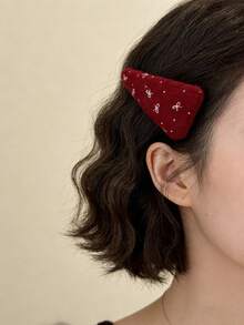 2个可爱蝴蝶结刺绣红色三角形发夹，甜美侧夹，适合日常佩戴（发夹内部图案位置与实物不同，不含卡片。） - 紅色 - 查看 8