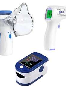 Nebulizador, Nebulizador portátil, Termometro infrarrojo y oximetro dedo, Máquina de nebulización para adultos y niños, para problemas respiratorios, máscaras de nebulización Nebulizador de malla, Hidratación facial - Azul y blanco - Ver 9