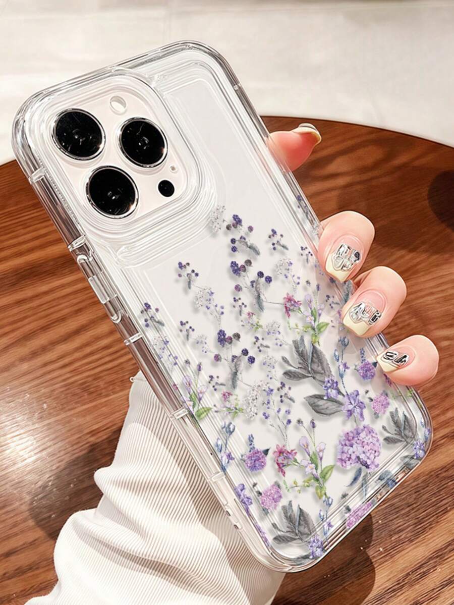紫色花卉图案透明气囊防震TPU时尚手机壳,适用于 17、16、15、14、13、12、11 Pro Max系列,国际版,非国内版 - 彩色 - 查看 1