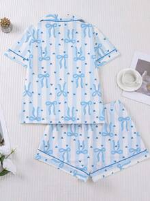 2-Piece Set - Women's Pajama Set, Loose Shorts Paired With Short Sleeved Top, Loose And Soft Casual Wear With Simple Blue Bow Print, Suitable For Daily Home, Family, Year-Round Pajama Party Wear - 藍色 - 查看 2