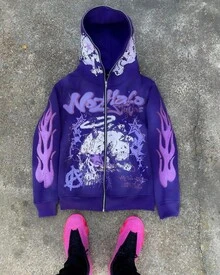 Y2K American Retro Harajuku Street Dark Hip-Hop High Street Cartoon Print Zipper Hoodie Loose Sweatshirt - 紫色 - 查看 8