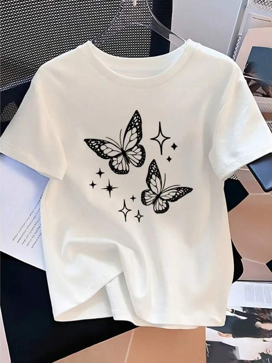 Camiseta Casual de Mujer de Manga Corta con Estampado de Mariposa Negra y Estrella, Cuello Redondo Suelto, Versátil y a la Moda - yx2324-blanco - Ver 1