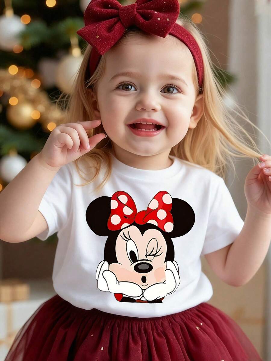 Disney White Background Minnie Mouse Red Polka Dot Bow Playful Winking Chin-Resting Print Kids' Short Sleeve T-Shirt - Sweet And Adorable Casual Top - White - View 1