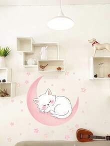 月亮猫咪自粘墙贴粉色房间装饰贴纸 - 彩色 - 查看 4