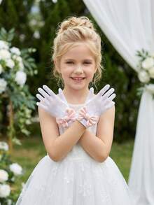 1 Pair Children's Elastic Mesh Gloves With Silk Bow, Suitable For 4-12 Years Old, White - 1Pair - View 3