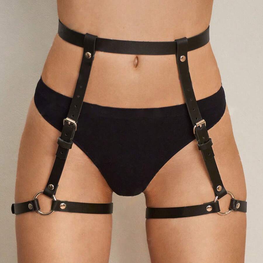 Liga De Coxa Feminina Em Pu, Acessório De Moda Para Pernas, Ajustável, Ideal Para O Dia Dos Namorados. - Preto - Ver 1