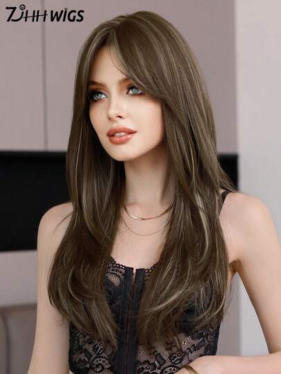 7JHH WIGS 优雅的24英寸长棕色层次假发，带刘海，适合女性日常佩戴，采用天然耐热合成纤维制成，中分蓬松波浪金色挑染，是母亲节礼物和假发配件的理想之选。