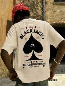 男士夏季时尚简约街头风扑克牌和爱心印花圆领短袖T恤 | 基础款街头休闲日常穿搭，男友/老公礼物 - 杏色 - 查看 2