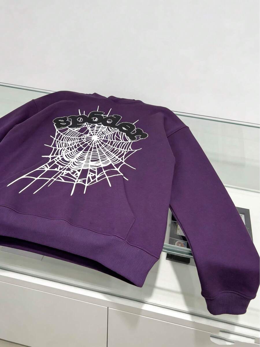 Hooded Sweatshir,Men's Spider Graphic Hoodie Gothic Streetwear Sweatshirt Oversized Fit Autumn Winter Warm Fleece Lined Pullover With Kangaroo Pocket - 紫色 - 查看 1