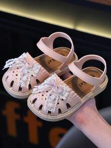 Cute Rhinestone Bow Open Toe Girls Sandals, Breathable Non-Slip Beach Holiday Shoes - Pink - View 3