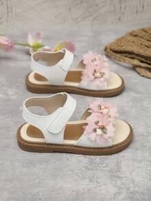 1 Pair Infant/Toddler Girls' White PU Upper With Colorful Floral Decor Round Toe Slip-Resistant Soft Casual Princess Style Flat Sandals, Suitable For 3-15 Years Old Girls For Daily Wear, Birthday Party, Travel, School, 2026 Spring/Summer New Arrival - White - View 7
