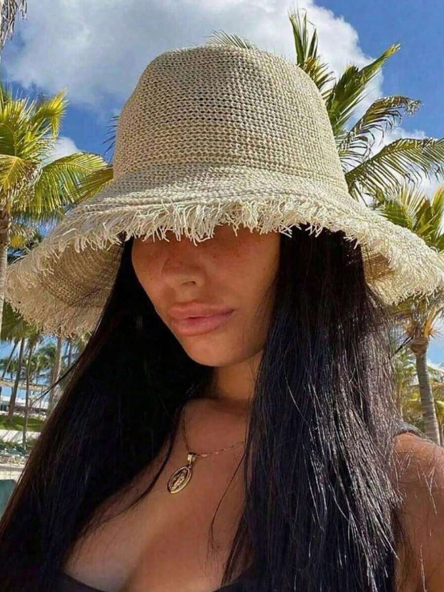 1 Pc Women's Spring/Summer Straw Hat, Large Brim Beach Hat Vacation And Outdoor - Multicolor - View 1