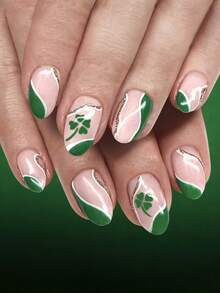 24pcs Shiny Oval Nail Stickers, European St. Patrick's Day Green Clover & French Line Glitter Nail Art Decals Nails - Green - View 1
