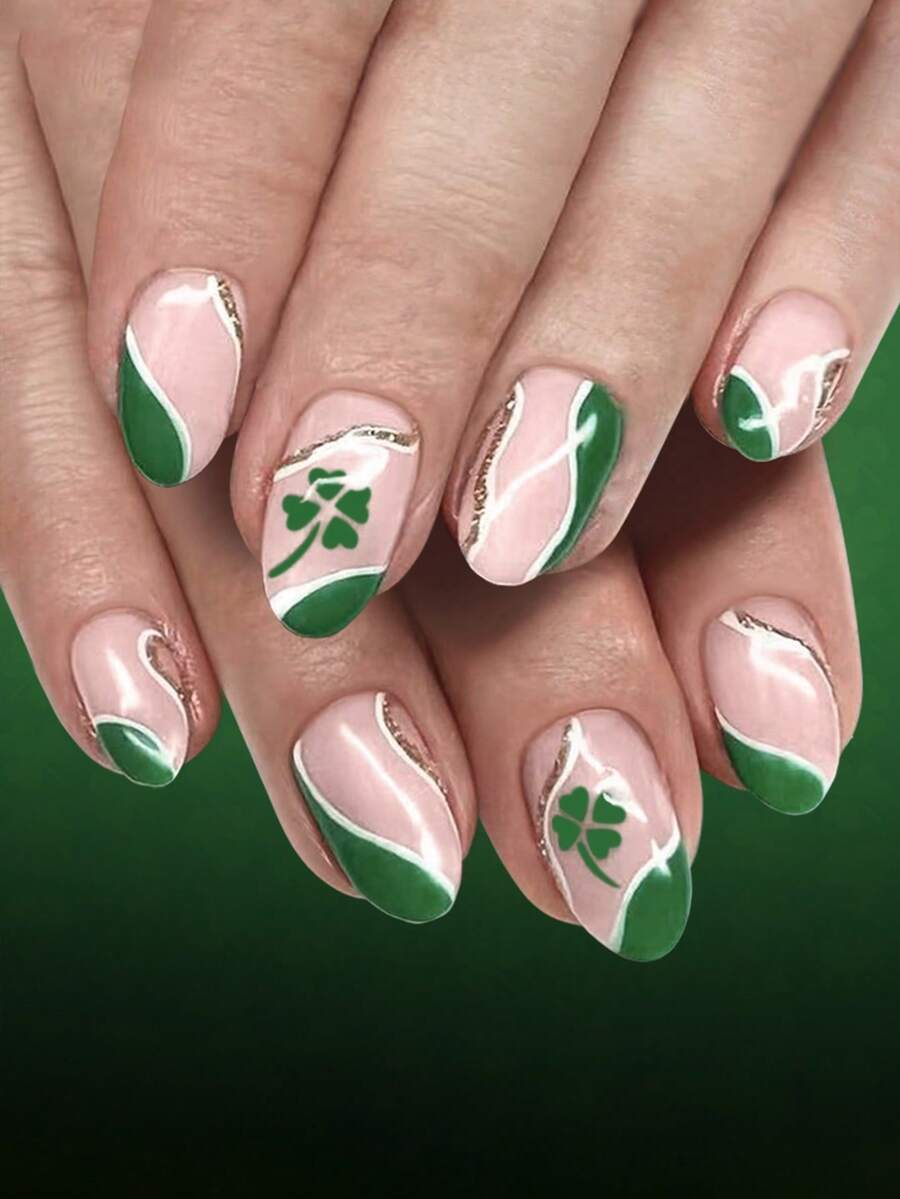 24pcs Shiny Oval Nail Stickers, European St. Patrick's Day Green Clover & French Line Glitter Nail Art Decals Nails - Green - View 1