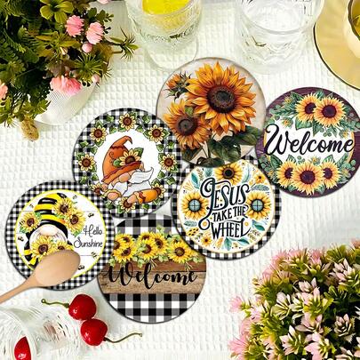 6pcs Sunflower Pattern Coaster Set, Home Decor Absorbent Silica Gel Coasters For Tea Cup, Coffee Mug, Wine Glass, Suitable For Home, Party, Kitchen Accessories, All Season