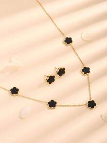 3pcs Fashionable Versatile Stainless Steel Plant Black Jade Five-Petal Flower Earrings, Bracelet, Necklace Jewelry Set - Gold + Black - View 3