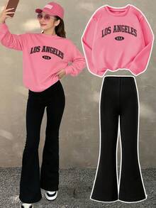 两件套优雅休闲字母印花女童套装，时尚百搭圆领长袖卫衣+长裤，适合春秋季节穿着，是送给女儿的绝佳户外礼物。 - 粉色 - 查看 4