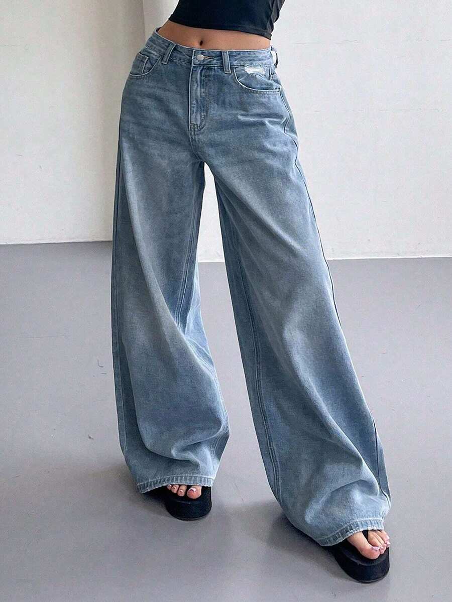 Casual American Street Style Minimalist Daily Commute Versatile Women Jeans, Oversized Boyfriend Style Women's Pocketed Wide Leg Relaxed Casual Jeans, Women Curve Jeans For Women, Valentine/Christmas/New Years Outfit, Holiday Gift - 藍色 - 查看 1