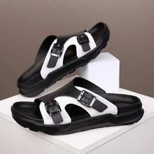 Men's Casual Slippers, Buckle Design Beach Sandals, Versatile Non-Slip Fashion Slides, Suitable For All Seasons - Black and White - View 4