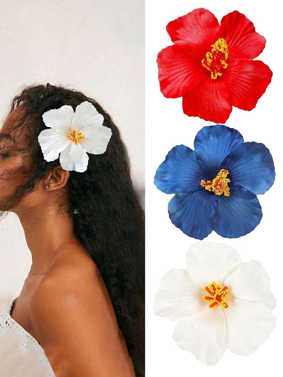 3件套夏威夷花朵发夹，人造花朵发夹，适合女性，可用于度假、海滩、派对、夏季热带花朵发饰、婚礼、聚会、女孩礼物、母亲节礼物、发卡