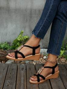 Women's Wedge Sandals, New , Summer Versatile Handmade Beaded Mid-Heel Open Toe Wedge Sandals, Black - Black - View 2