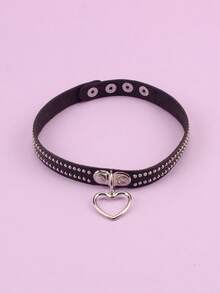 1pc Punk Style Sexy PU Leather Adjustable Heart Pendant Choker Necklace, Suitable For Daily Wear Y2K Necklace - Black - View 4