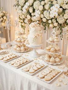 7 piezas Juego de exhibición de postres blanco, que incluye 2 soportes para cupcakes, 1 soporte para pastel y 4 bandejas rectangulares, vajilla de plástico reutilizable, adecuado para bodas y cumpleaños - Multicolor - Ver 2