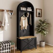 Multifunctional Cabinet With Shoe Rack, Lockers And Hooks For Entryway, Durable MDF Casing, Modern Design, Sturdy Iron Legs, Black, White.