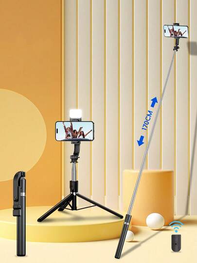 66.9" Extendable Wireless Remote Control Selfie Stick With LED Fill Light, Foldable Phone Tripod, Compatible With IOS And Android Smartphones, Suitable For Live Streaming, Makeup, Parties, Summer Vacation, Travel, Outdoor Activities