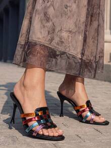 2026 Summer New Women's 9cm Pointed Toe Stilettos, Glossy Black With Colorful Transparent Strap Patchwork, Casual Rhinestone Party & Evening Wear High Heels - Black - View 7