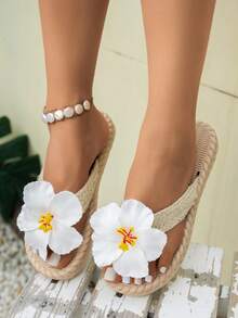 Dép xăng đan mùa hè kiểu dáng thường ngày, chất liệu dây thừng đan ở phần trên, mũi tròn, dành cho nữ, trang trí hoa văn, đế EVA dày siêu nhẹ chống trơn trượt, dép lê đi biển, hồ bơi thoải mái cho mùa hè, đi chơi trong nhà và ngoài trời. - trắng - Xem 4