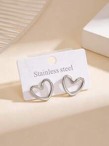 1. Fashionable Stainless Steel Heart-Shaped Earrings - Ear Studs - Elegant And Simple Ladies' Earrings - Suitable For Daily Wear - Silver - View 4