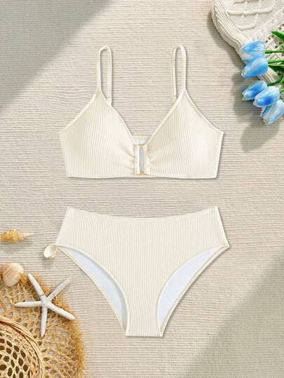 Costume da bagno elegante e alla moda per ragazze adolescenti, in tessuto lavorato a maglia, con scollo a V profondo, doppia bretella e chiusura ad anello circolare, in 2 pezzi, nuovo stile carino adatto per nuotare, spiaggia, vacanza