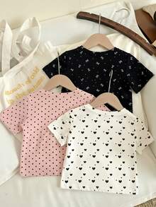 Bộ 3 áo thun ngắn tay in họa tiết chấm bi/trái tim/nơ cho bé gái, thích hợp mặc mùa hè. - Nhiều màu - Xem 2