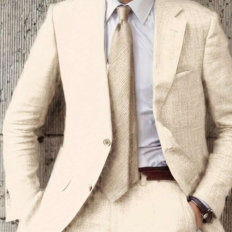 Men's 2pcs Linen Suit Summer Wedding Formal Party Events Tuxedo Suit Elegant Casual Working Business Suit 34S 36S 38S 40R 42R 44R 12.15gal - 米色 - 查看 1