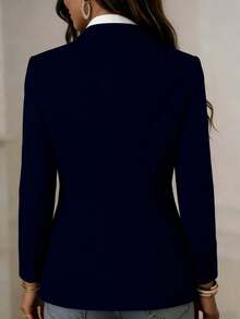 Women's Fashion Pink Woven Fabric Long Sleeve Button-Up Business Casual Blazer, Regular Fit Spring - Dark Blue - View 3