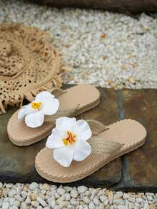 Dép xăng đan mùa hè kiểu dáng thường ngày, chất liệu dây thừng đan ở phần trên, mũi tròn, dành cho nữ, trang trí hoa văn, đế EVA dày siêu nhẹ chống trơn trượt, dép lê đi biển, hồ bơi thoải mái cho mùa hè, đi chơi trong nhà và ngoài trời. - trắng - Xem 5