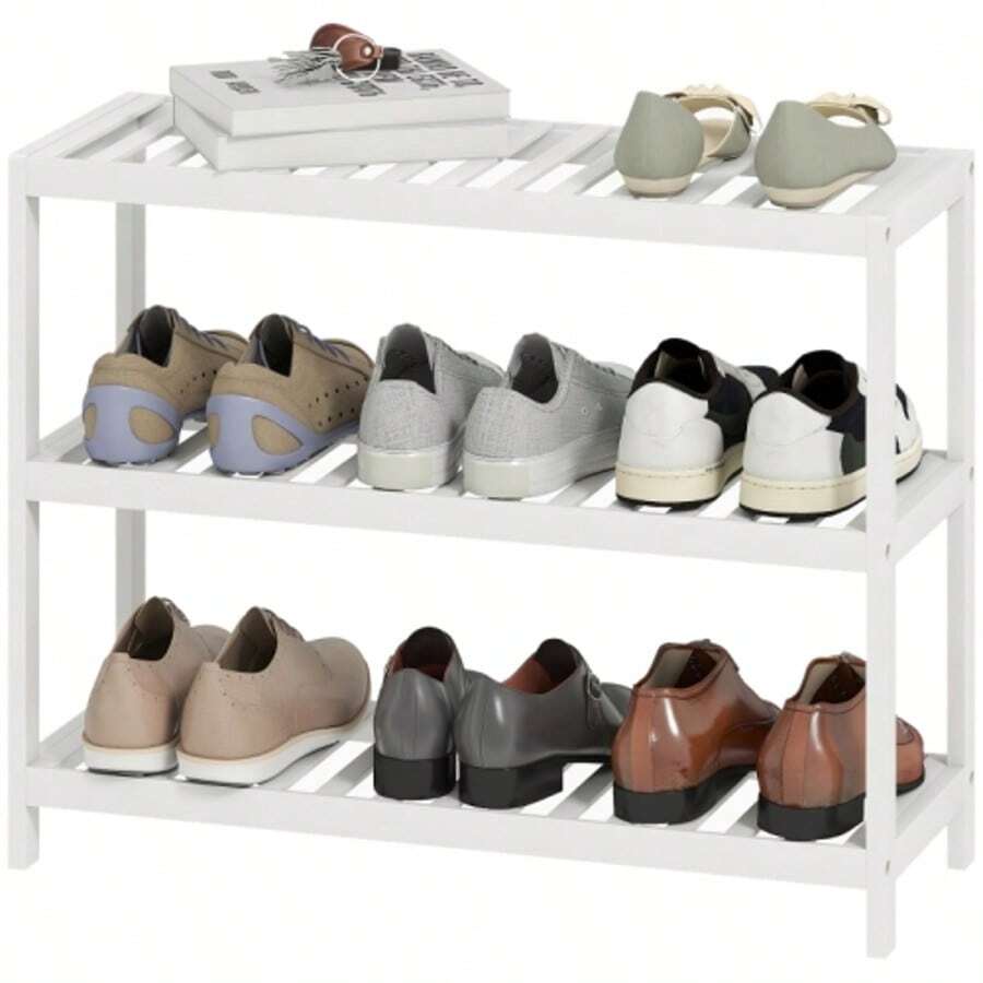 3-Tier Bamboo Shelf, Shoe Rack, Storage Shelf, Lacquered Surface, White