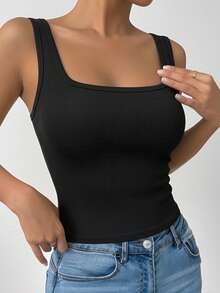 1件女士休闲纯色无袖背心，基本款修身圆领针织吊带衫 - 黑色 - 查看 3