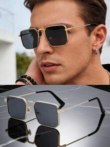 1 Pair Men's Metal Frame Square Fashionable Glasses, Suitable For Daily Wear