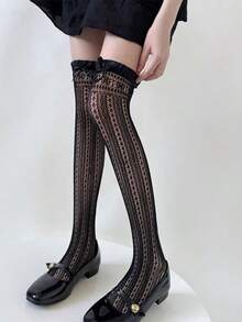 1 đôi tất dài đến đùi màu trắng mỏng, viền ren, trong suốt, thích hợp cho mùa xuân/hè, phong cách Lolita Nhật Bản. - màu đen - Xem 2