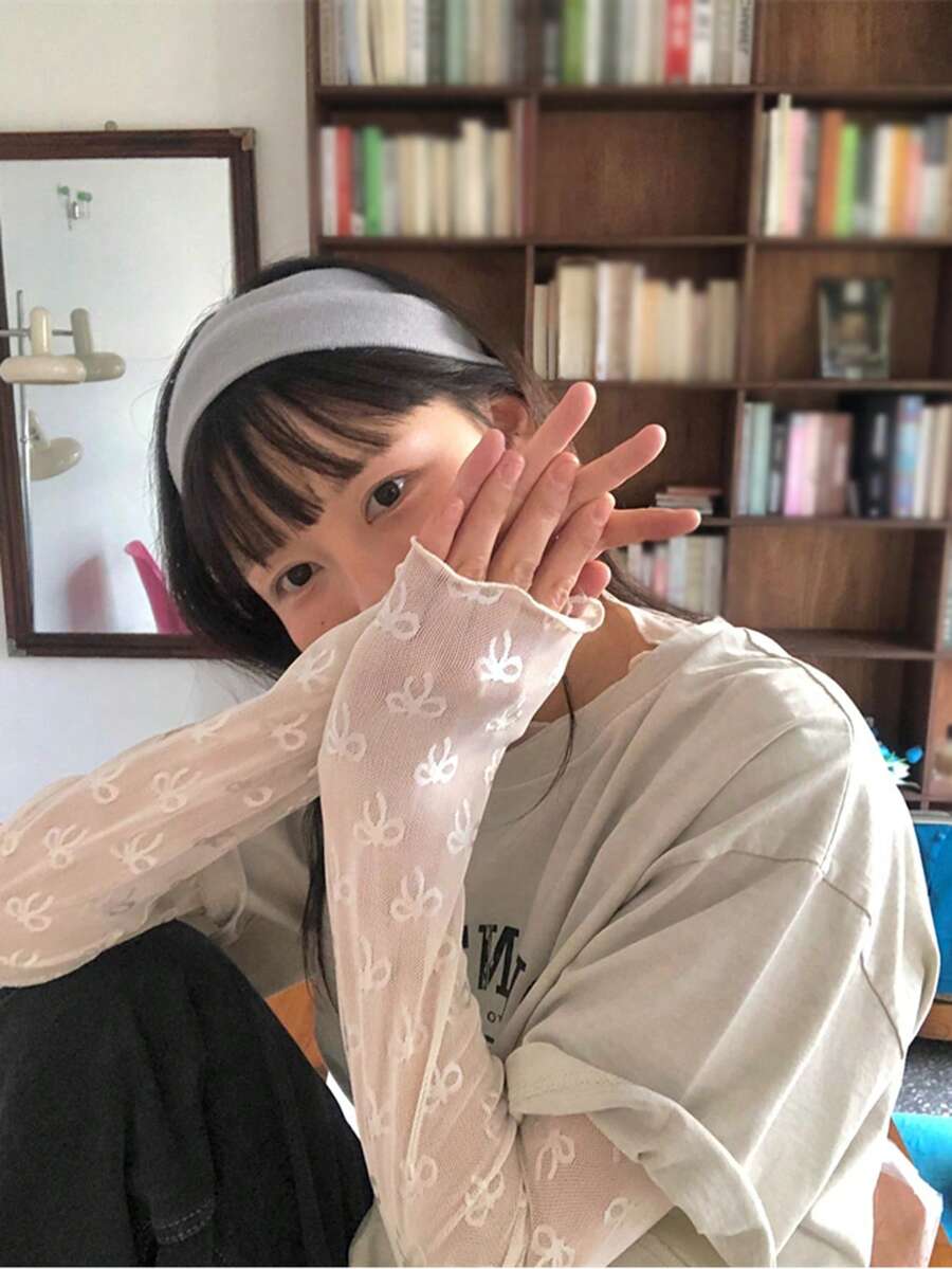 韩系ins风可爱日系蝴蝶结网眼打底衫长袖T恤叠穿 - 白色 - 查看 1