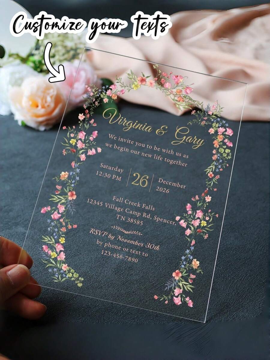 Personalized Acrylic Invitation With Wildflowers Spring Modern Wedding, Personalized 5x7 Acrylic Glass Invitation Cards With Envelopes For Quinceanera, Sweet 16, - Multicolor - View 1