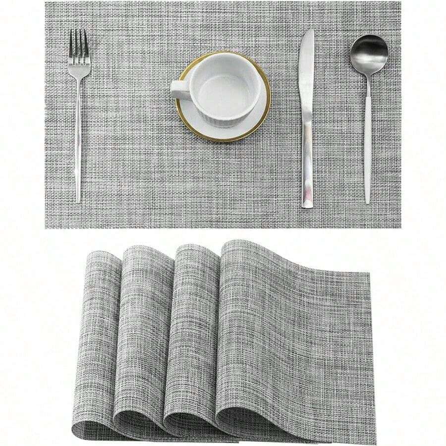 4pcs/1pc Gray Placemats - Heat Resistant, Non-Slip, Washable, Durable PVC Woven Dining Table Mats - Grey - View 1