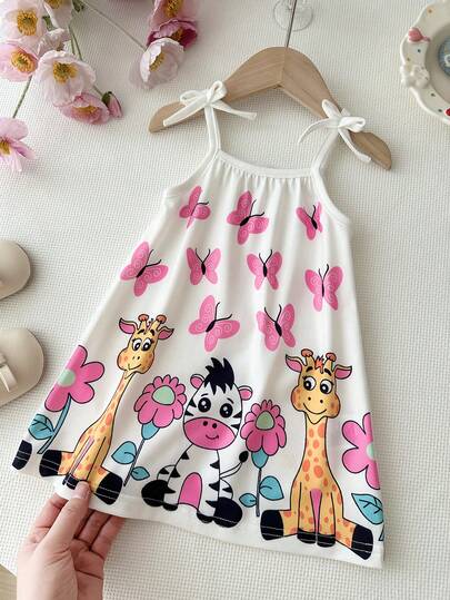 Summer Baby Girl Bow Strap Dress, Sweet And Cute Style, Playful And Lively, Full Of Childlike Charm, Cartoon Combination Of Pink Butterfly, Giraffe Zebra And Flowers, Loose A-Line Skirt, Comfortable And Not Tight, More Relaxed When Active, Suitable For Summer Daily Wear, Home Leisure Or Outdoor Play